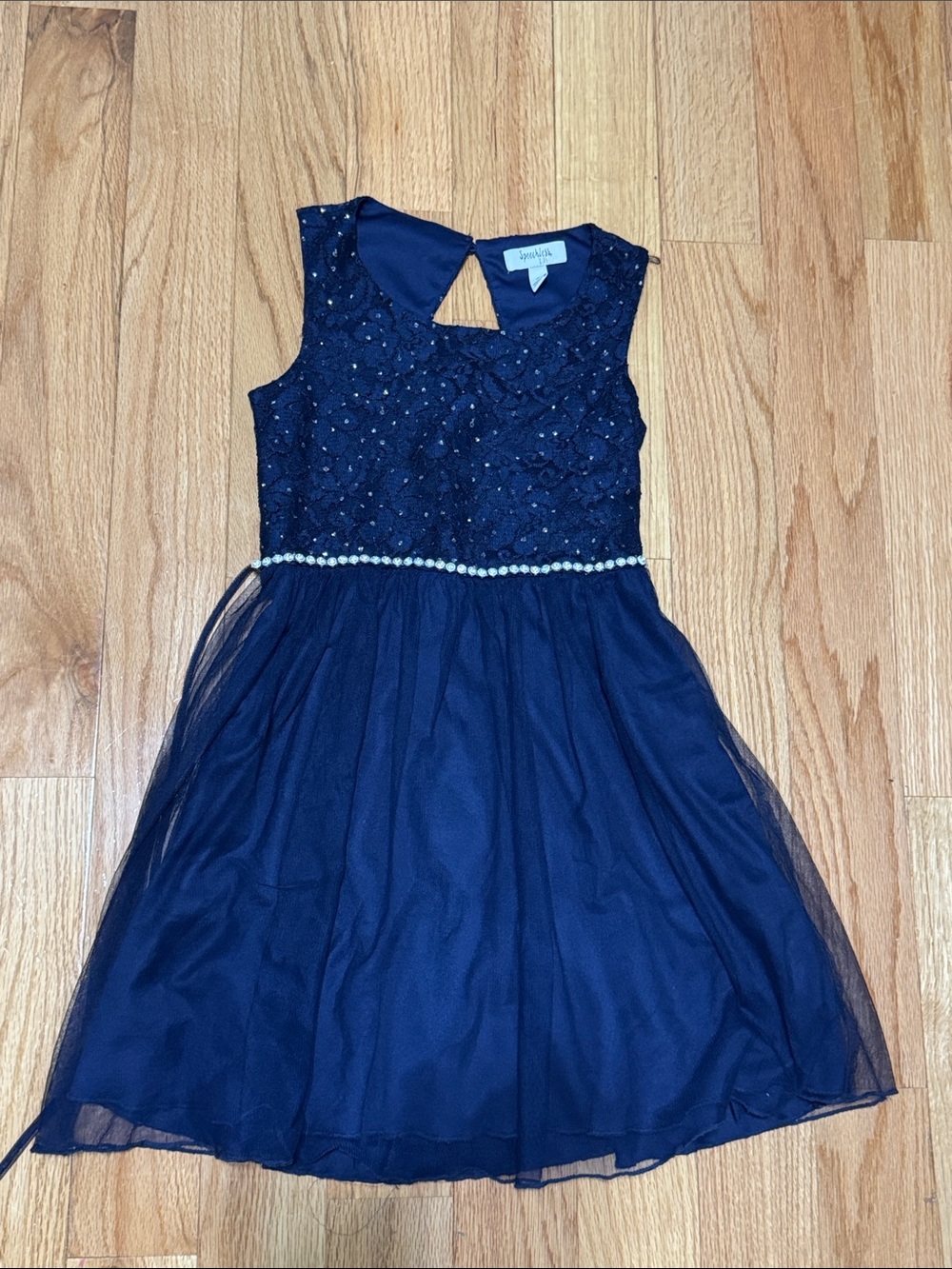 Speechless Navy Lace Bodice Tulle Dress with rhinestone Waist
